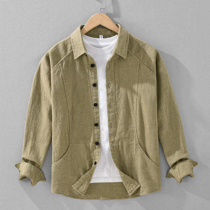 Chemise homme Buddha Stones en coton ramie uni à manches longues et revers avec poches - Kaki foncé - US/UK/AU42，EU52 (3XL) - image 15