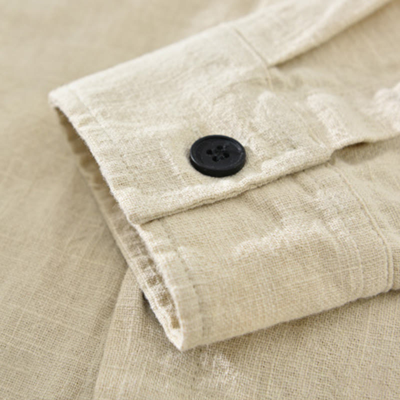Chemise homme Buddha Stones en coton ramie uni à manches longues et revers avec poches - image 4