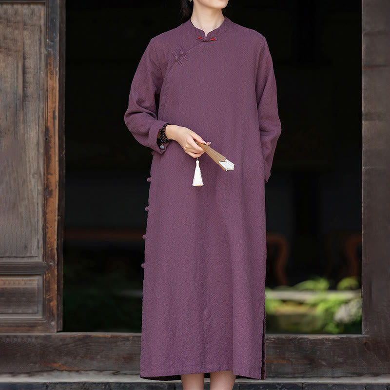 Robe mi-longue en coton et lin à manches longues et poches, motif grenouille chinois uni, motif Buddha Stones Fall - Magenta foncé - US8-10，UK/AU12-14，EU40-42 (2XL) - image 7