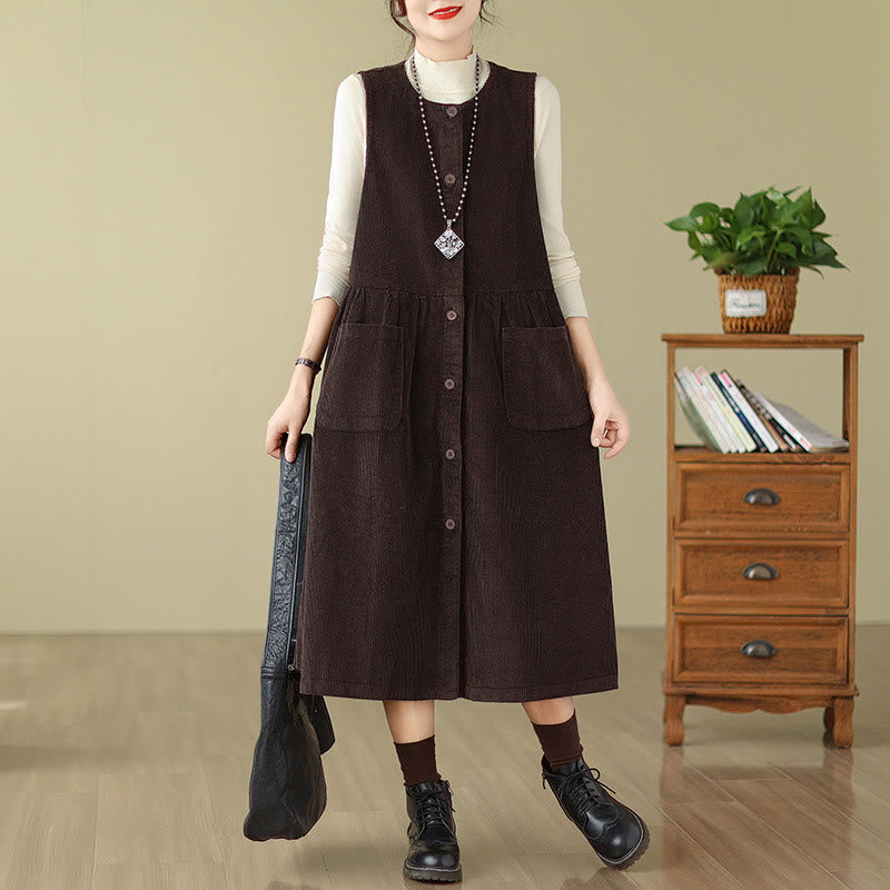 Robe mi-longue sans manches en velours côtelé de coton avec poches et boutons rétro Motif Buddha Stones Fall - SaddleBrown - US12，UK/AU16，EU44 (3XL) - image 0