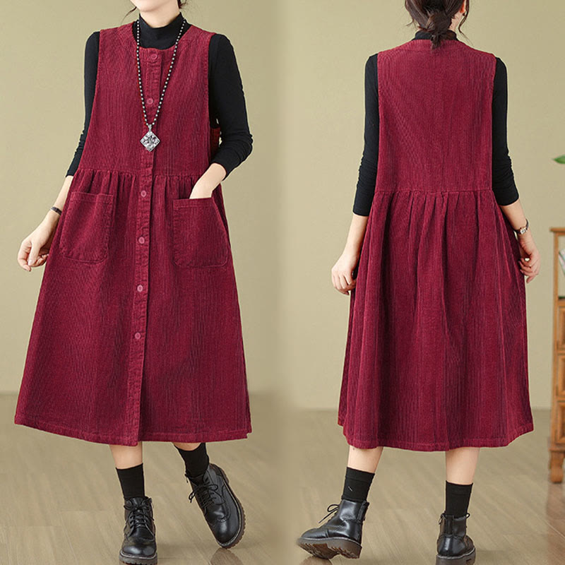 Robe mi-longue sans manches en velours côtelé de coton avec poches et boutons rétro Motif Buddha Stones Fall - image 24