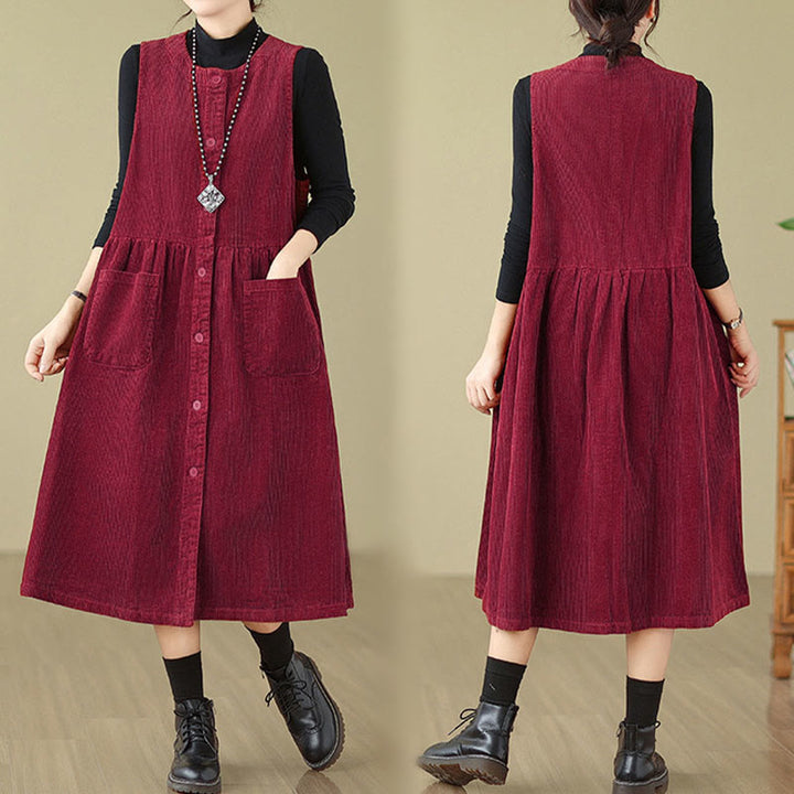 Robe mi-longue sans manches en velours côtelé de coton avec poches et boutons rétro Motif Buddha Stones Fall - image 24