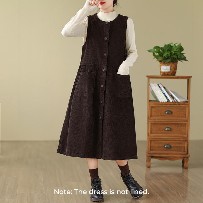 Robe mi-longue sans manches en velours côtelé de coton avec poches et boutons rétro Motif Buddha Stones Fall - image 1