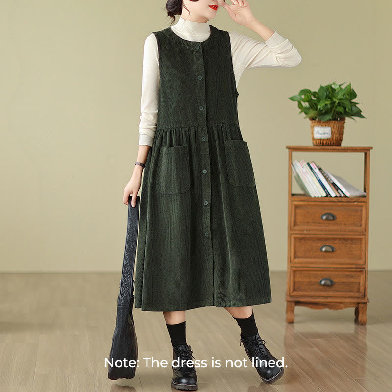 Robe mi-longue sans manches en velours côtelé de coton avec poches et boutons rétro Motif Buddha Stones Fall - image 7