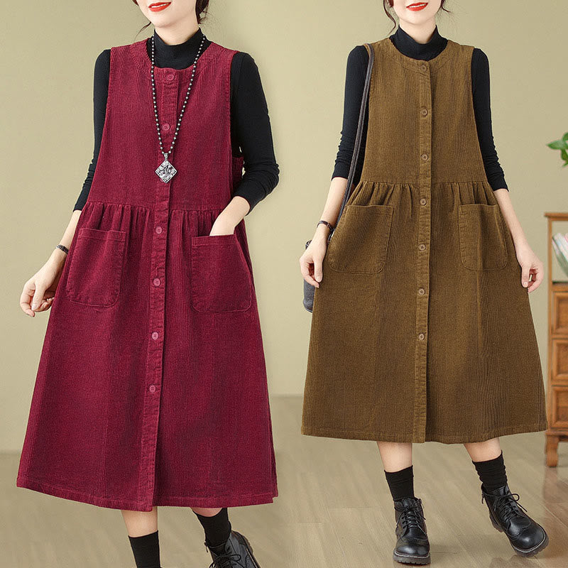 Robe mi-longue sans manches en velours côtelé de coton avec poches et boutons rétro Motif Buddha Stones Fall - image 25