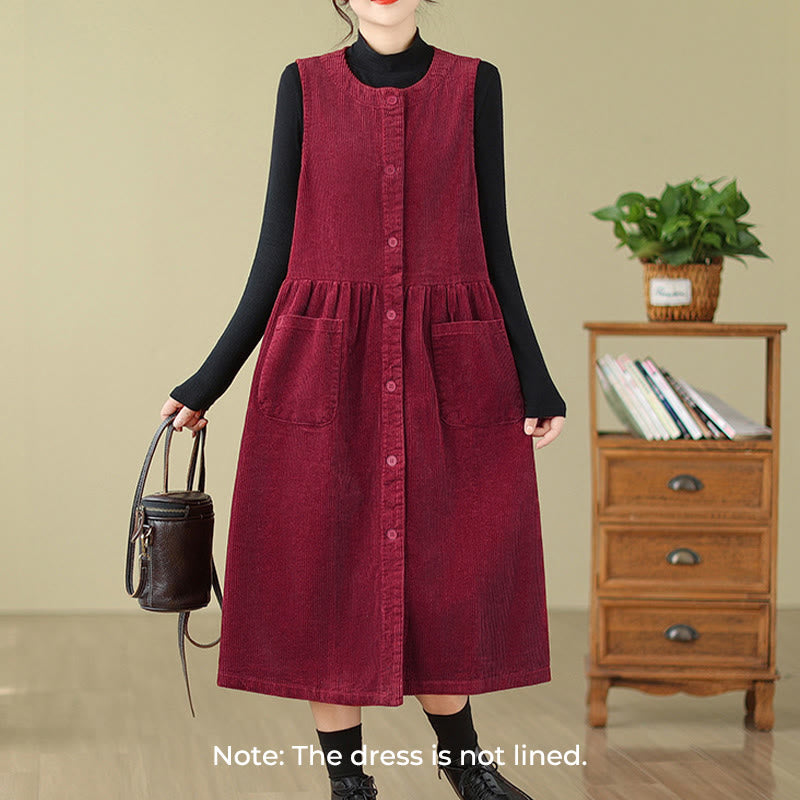 Robe mi-longue sans manches en velours côtelé de coton avec poches et boutons rétro Motif Buddha Stones Fall - image 21