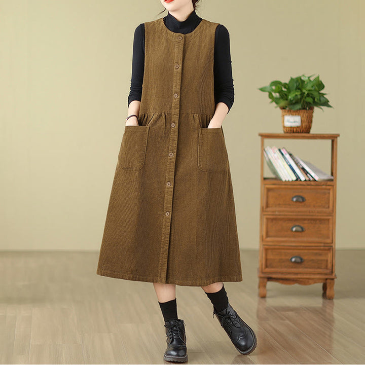 Robe mi-longue sans manches en velours côtelé de coton avec poches et boutons rétro Motif Buddha Stones Fall - image 15