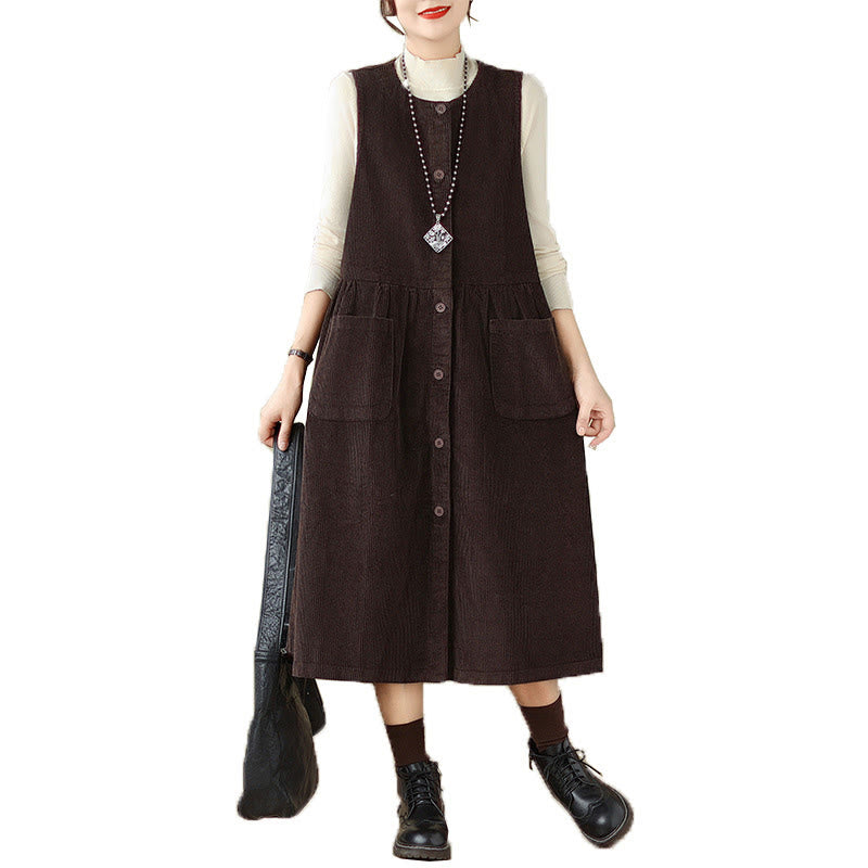 Robe mi-longue sans manches en velours côtelé de coton avec poches et boutons rétro Motif Buddha Stones Fall - image 5