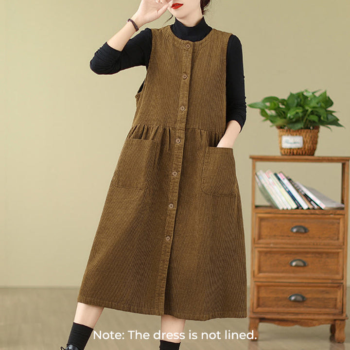 Robe mi-longue sans manches en velours côtelé de coton avec poches et boutons rétro Motif Buddha Stones Fall - image 13