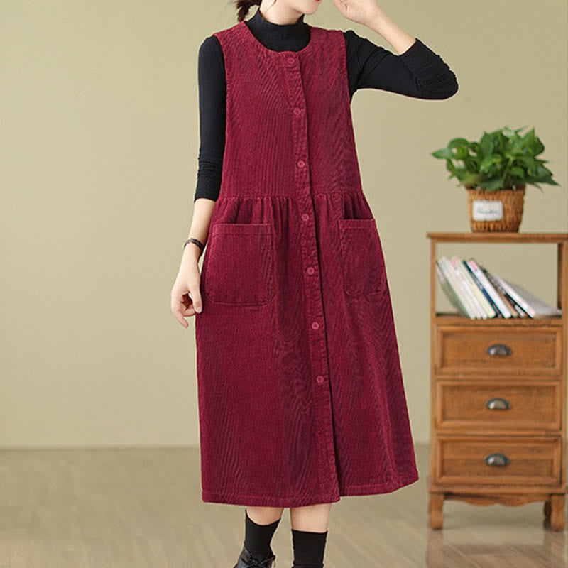 Robe mi-longue sans manches en velours côtelé de coton avec poches et boutons rétro Motif Buddha Stones Fall - image 22