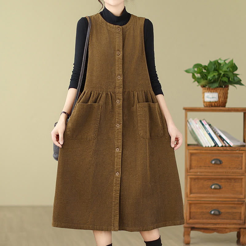 Robe mi-longue sans manches en velours côtelé de coton avec poches et boutons rétro Motif Buddha Stones Fall - image 16