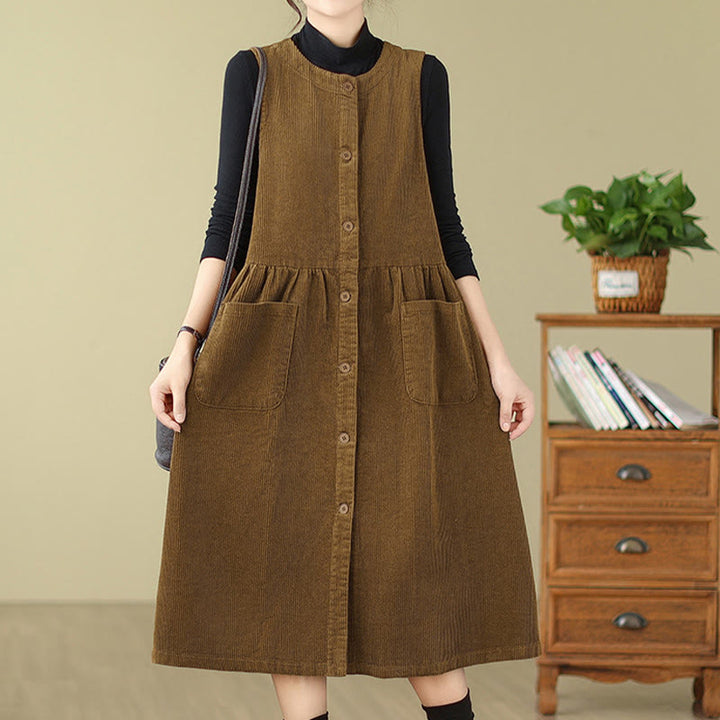 Robe mi-longue sans manches en velours côtelé de coton avec poches et boutons rétro Motif Buddha Stones Fall - image 16