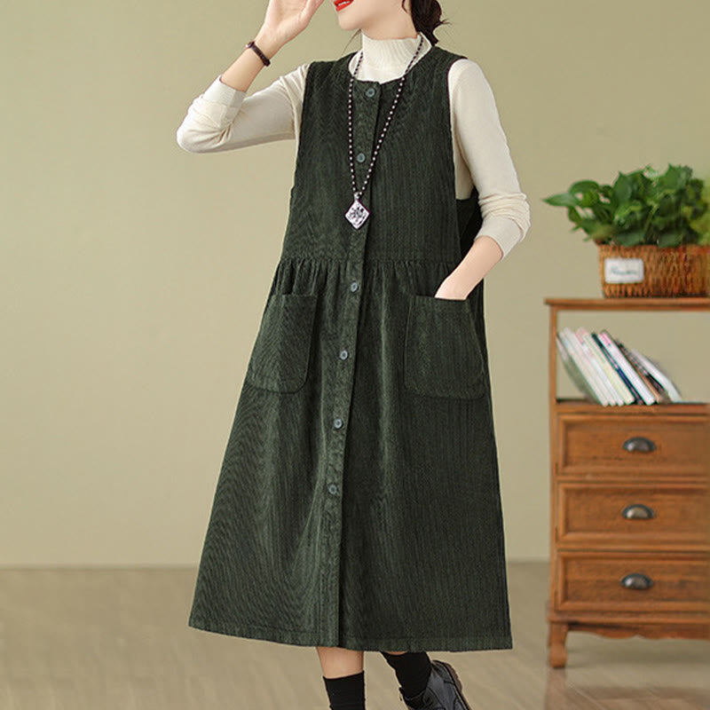 Robe mi-longue sans manches en velours côtelé de coton avec poches et boutons rétro Motif Buddha Stones Fall - image 8