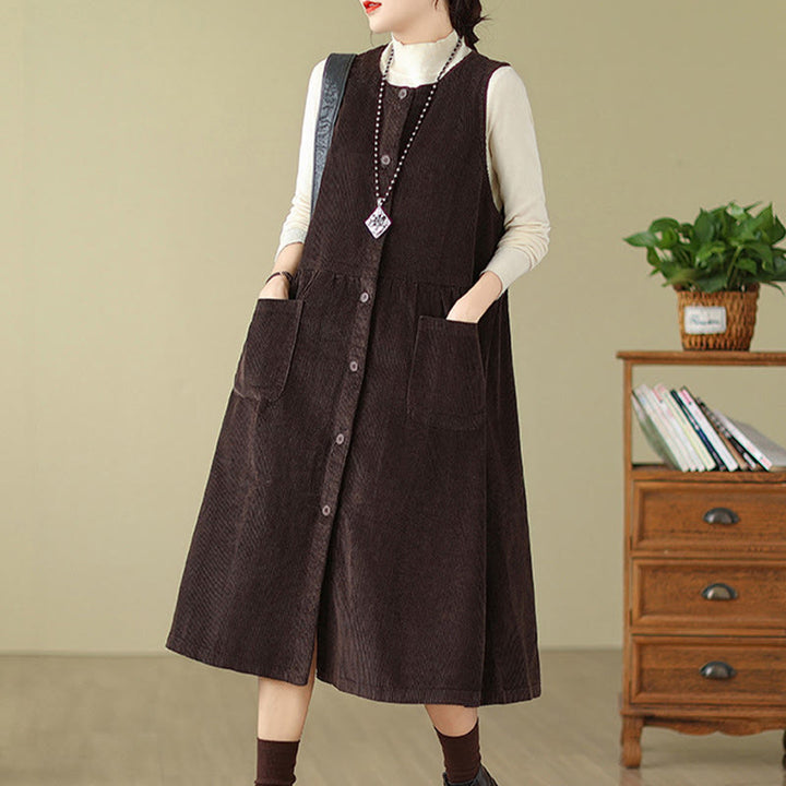 Robe mi-longue sans manches en velours côtelé de coton avec poches et boutons rétro Motif Buddha Stones Fall - image 2