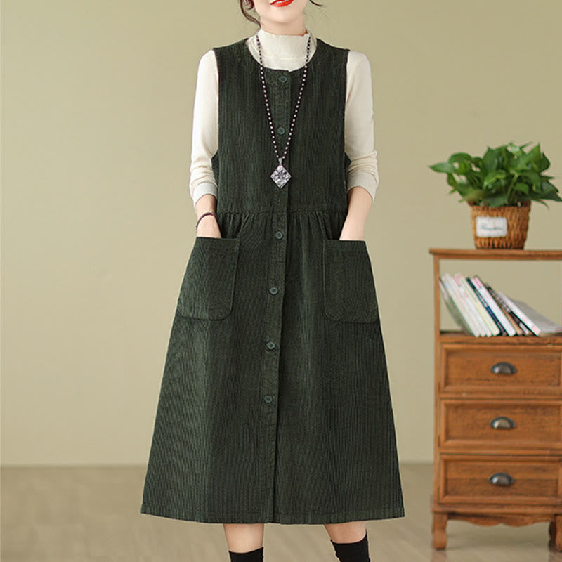 Robe mi-longue sans manches en velours côtelé de coton avec poches et boutons rétro Motif Buddha Stones Fall - image 9