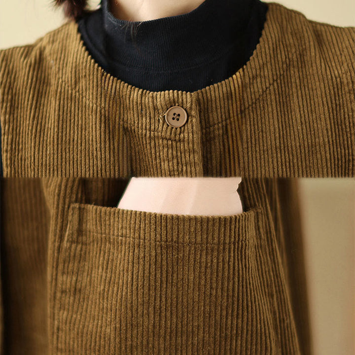 Robe mi-longue sans manches en velours côtelé de coton avec poches et boutons rétro Motif Buddha Stones Fall - image 18