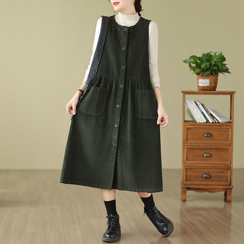 Robe mi-longue sans manches en velours côtelé de coton avec poches et boutons rétro Motif Buddha Stones Fall - Vert foncé - US12，UK/AU16，EU44 (3XL) - image 6