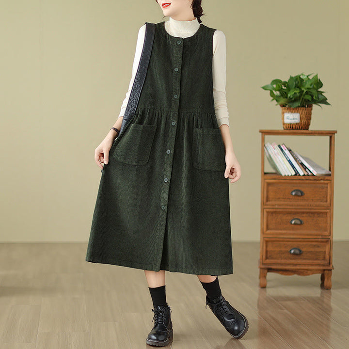 Robe mi-longue sans manches en velours côtelé de coton avec poches et boutons rétro Motif Buddha Stones Fall - Vert foncé - US12，UK/AU16，EU44 (3XL) - image 6