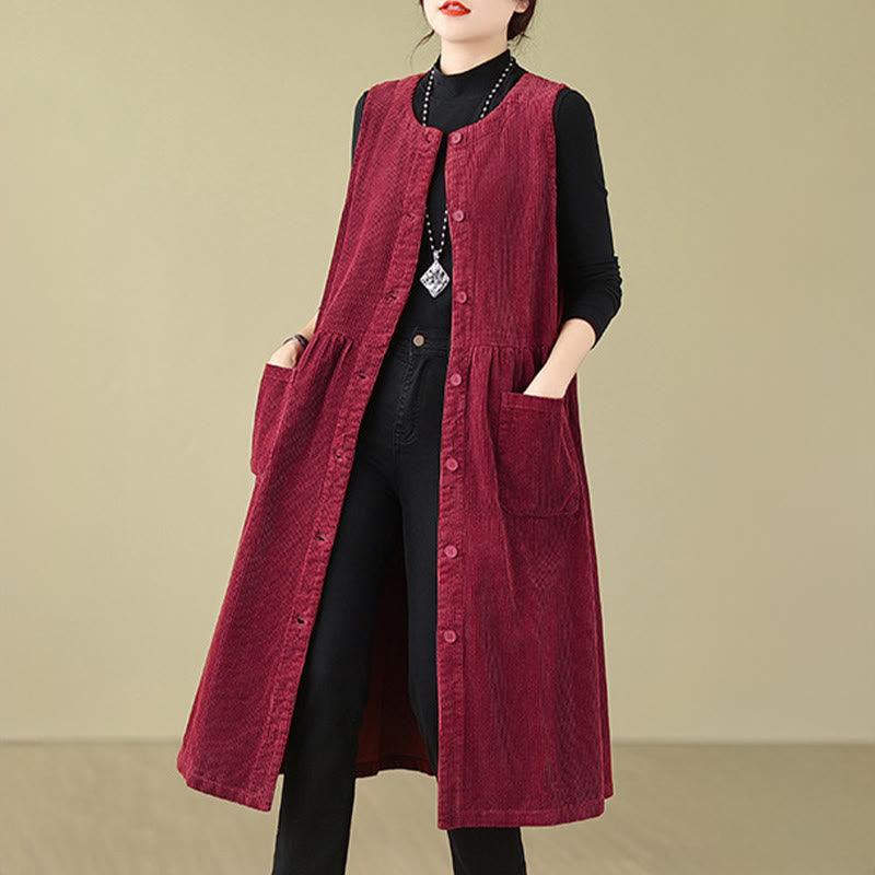 Robe mi-longue sans manches en velours côtelé de coton avec poches et boutons rétro Motif Buddha Stones Fall - image 23