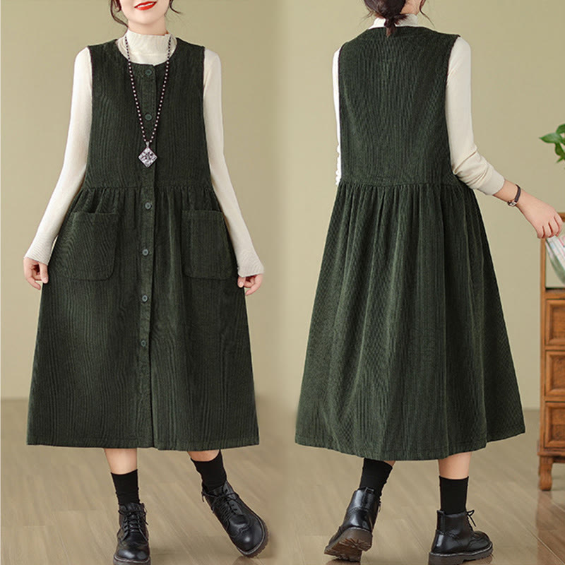 Robe mi-longue sans manches en velours côtelé de coton avec poches et boutons rétro Motif Buddha Stones Fall - image 11