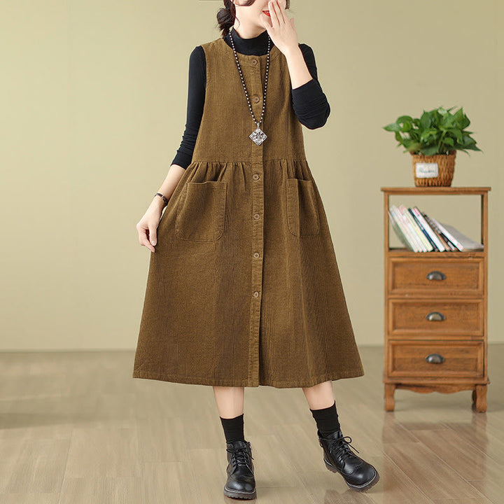 Robe mi-longue sans manches en velours côtelé de coton avec poches et boutons rétro Motif Buddha Stones Fall - image 14