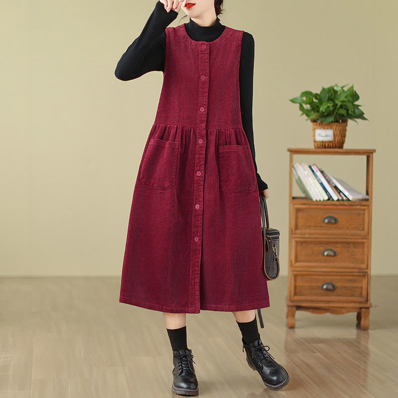 Robe mi-longue sans manches en velours côtelé de coton avec poches et boutons rétro Motif Buddha Stones Fall - Cramoisi - US12，UK/AU16，EU44 (3XL) - image 20