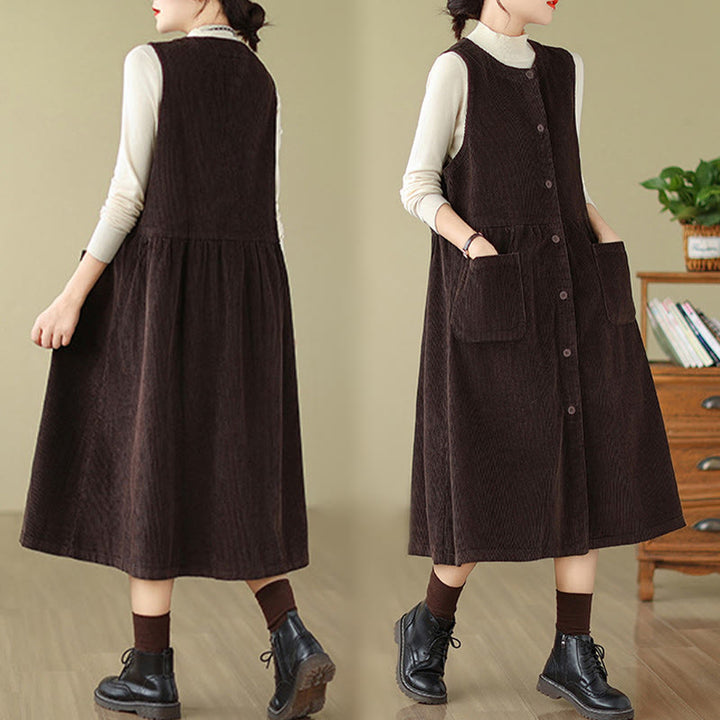 Robe mi-longue sans manches en velours côtelé de coton avec poches et boutons rétro Motif Buddha Stones Fall - image 3