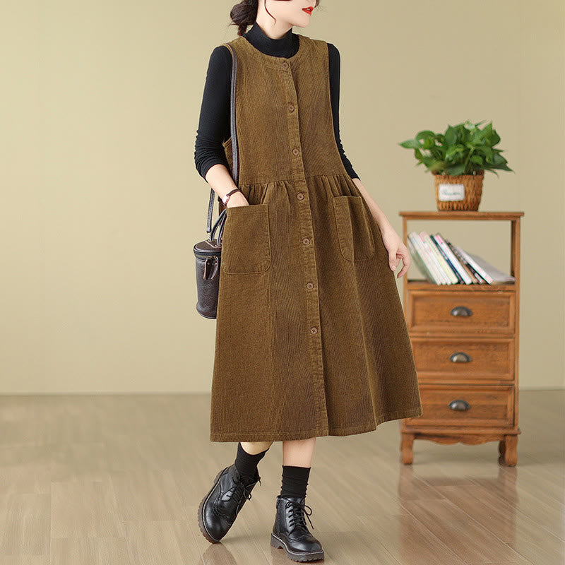 Robe mi-longue sans manches en velours côtelé de coton avec poches et boutons rétro Motif Buddha Stones Fall - Verge d'or foncée - US12，UK/AU16，EU44 (3XL) - image 12