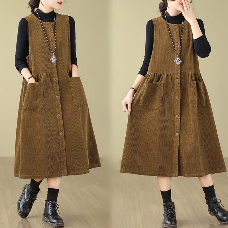 Robe mi-longue sans manches en velours côtelé de coton avec poches et boutons rétro Motif Buddha Stones Fall - image 17