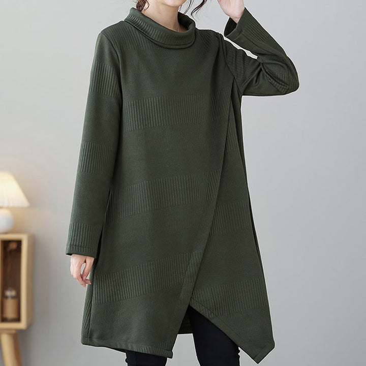 Robe mi-longue d'hiver en coton à manches longues et col montant avec Buddha Stones irrégulier et poches - Vert de mer - US14，UK/AU18，EU46 (2XL) - image 0