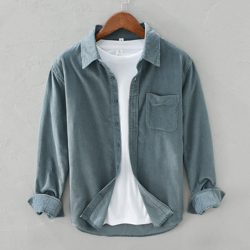 Veste en velours côtelé pur coton à manches longues et boutons unis Buddha Stones pour homme avec poche - Vert clair - US/UK/AU42，EU52 (3XL) - image 1