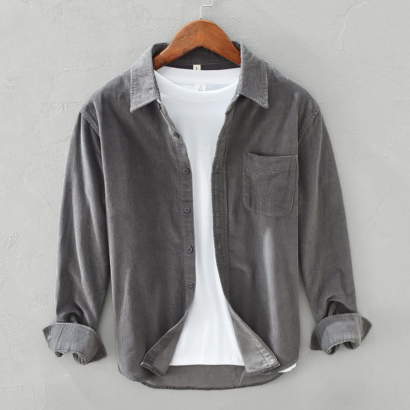 Veste en velours côtelé pur coton à manches longues et boutons unis Buddha Stones pour homme avec poche - Gris ardoise - US/UK/AU42，EU52 (3XL) - image 6