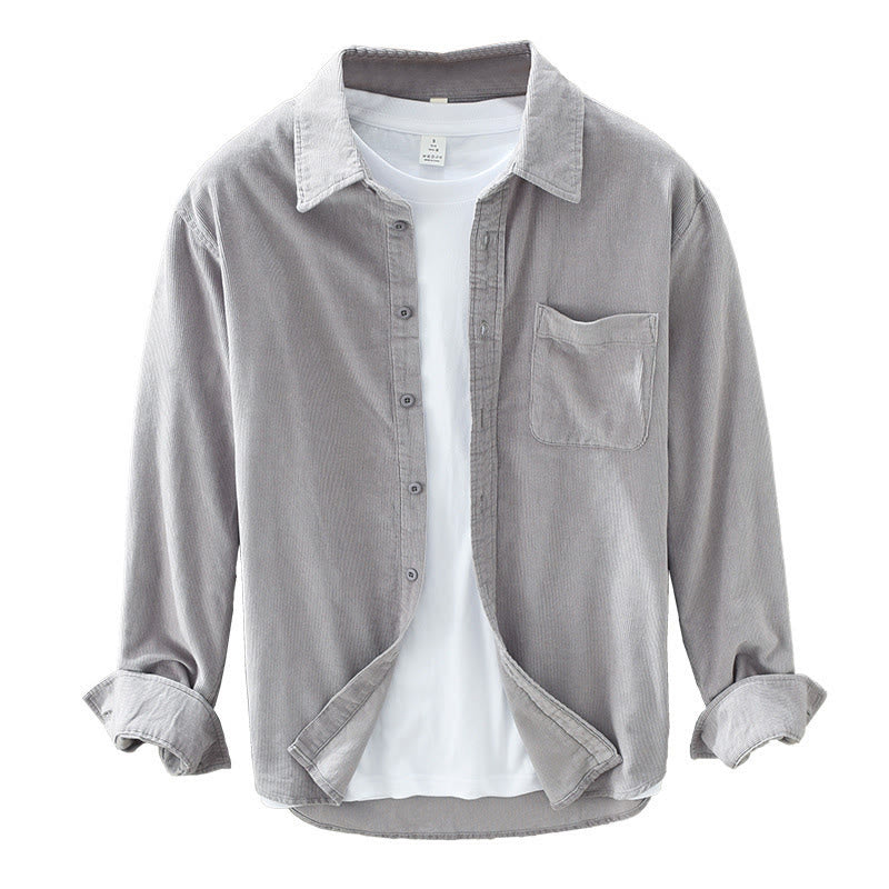 Veste en velours côtelé pur coton à manches longues et boutons unis Buddha Stones pour homme avec poche - image 18