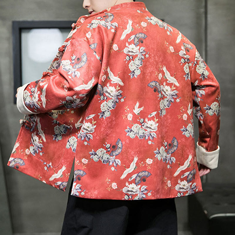 Buddha Stones Vêtements du Nouvel An chinois Fleurs Éventail Oiseaux Grenouille-bouton Costume Tang Coton Veste Homme Chemise Avec Poches - image 4