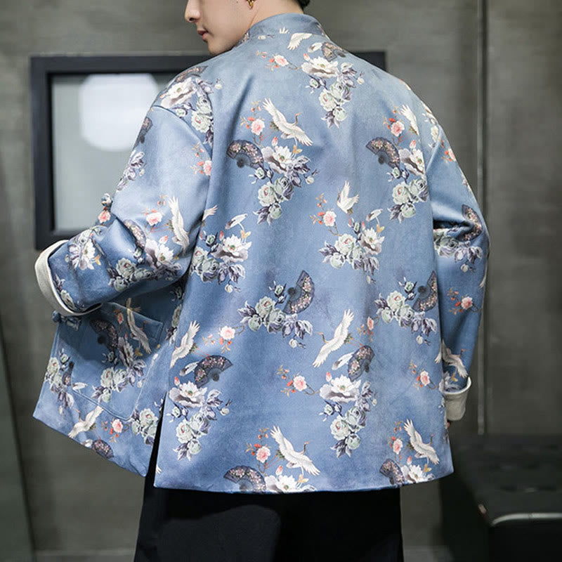 Buddha Stones Vêtements du Nouvel An chinois Fleurs Éventail Oiseaux Grenouille-bouton Costume Tang Coton Veste Homme Chemise Avec Poches - image 12