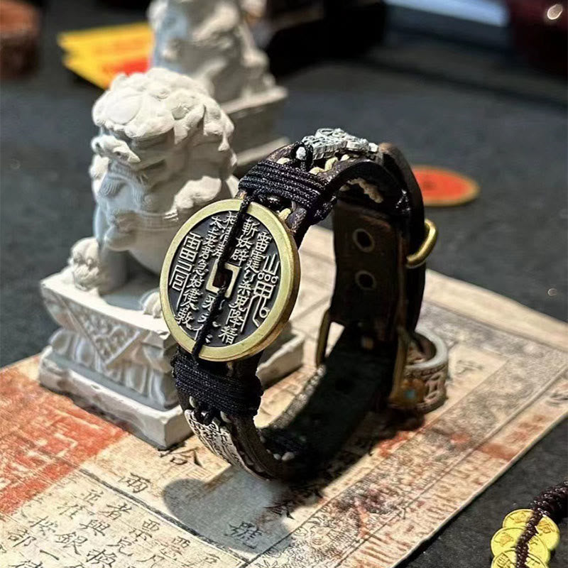 Bracelet de montre en cuir avec Buddha Stones et fantômes de la montagne Pixiu  - Les fantômes de la montagne dépensent de l'argent et PiXiu (tour de poignet : 15-18 cm) - image 0