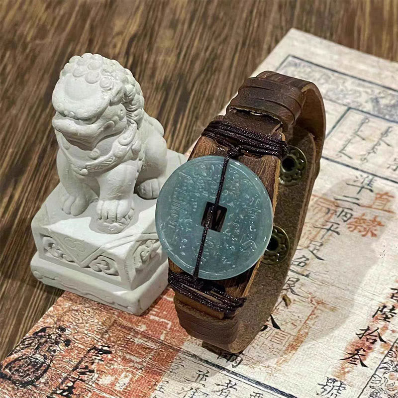 Bracelet de montre en cuir avec Buddha Stones, fantômes de la montagne de jade, dépensez de l'argent et prospérez  - Jade clair (tour de poignet : 15-18 cm) - image 0