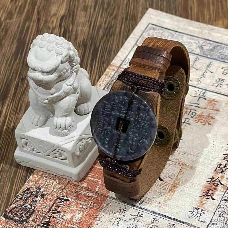 Bracelet de montre en cuir avec Buddha Stones, fantômes de la montagne de jade, dépensez de l'argent et prospérez  - Jade foncé (tour de poignet : 15-18 cm) - image 1