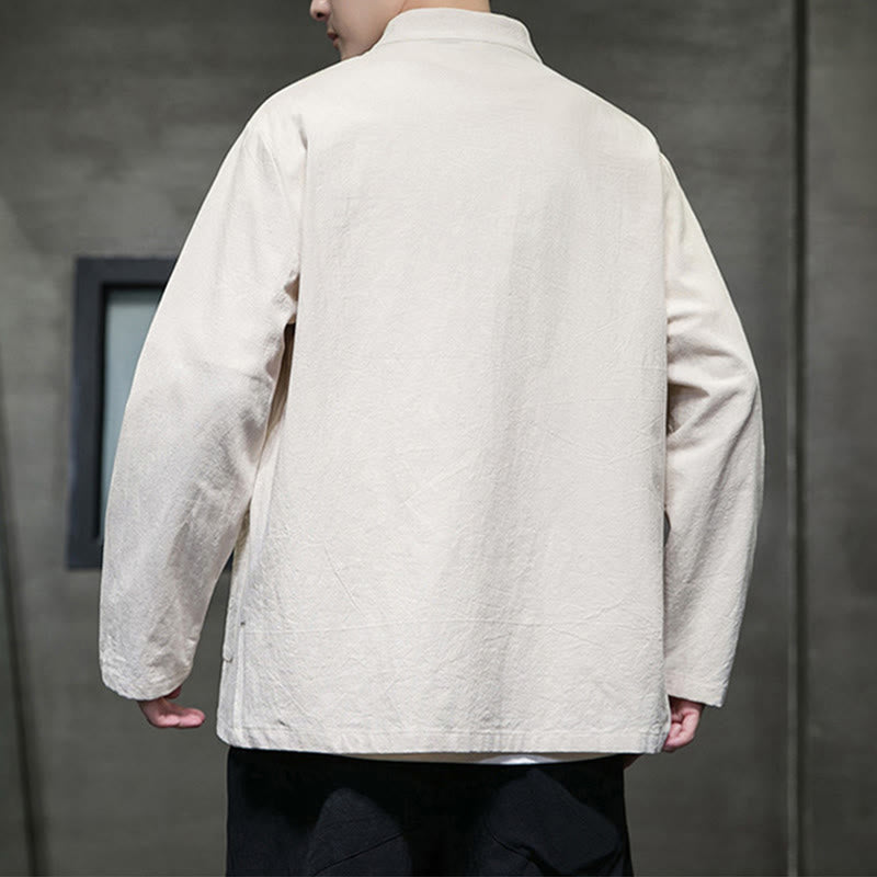 Veste en coton et lin pour homme avec poches et boutons de Buddha Stones de couleur unie - image 18