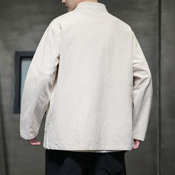 Veste en coton et lin pour homme avec poches et boutons de Buddha Stones de couleur unie - image 18