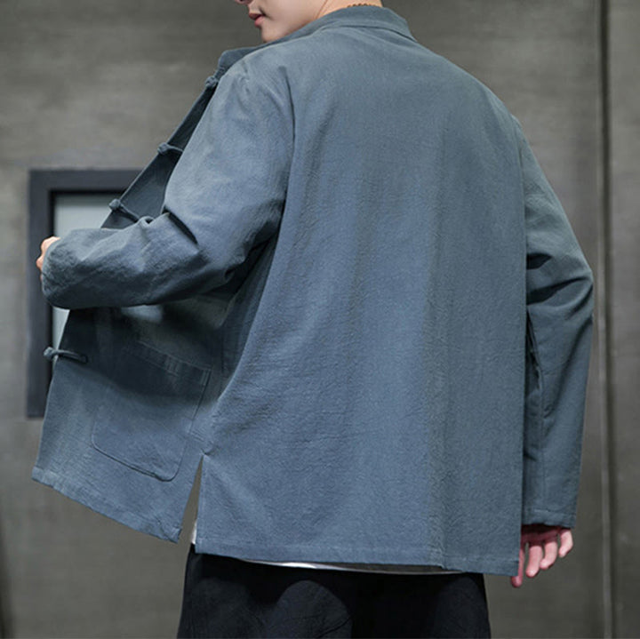 Veste en coton et lin pour homme avec poches et boutons de Buddha Stones de couleur unie - image 7