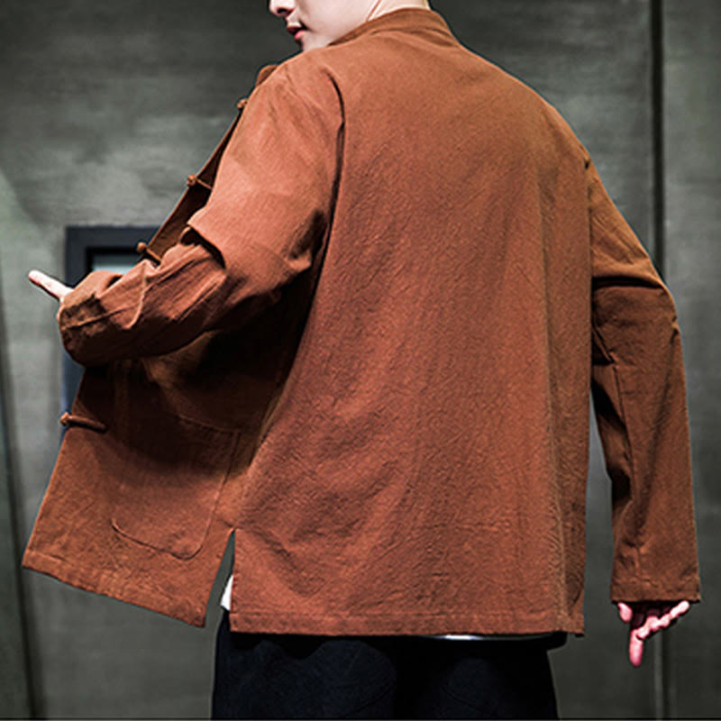 Veste en coton et lin pour homme avec poches et boutons de Buddha Stones de couleur unie - image 24