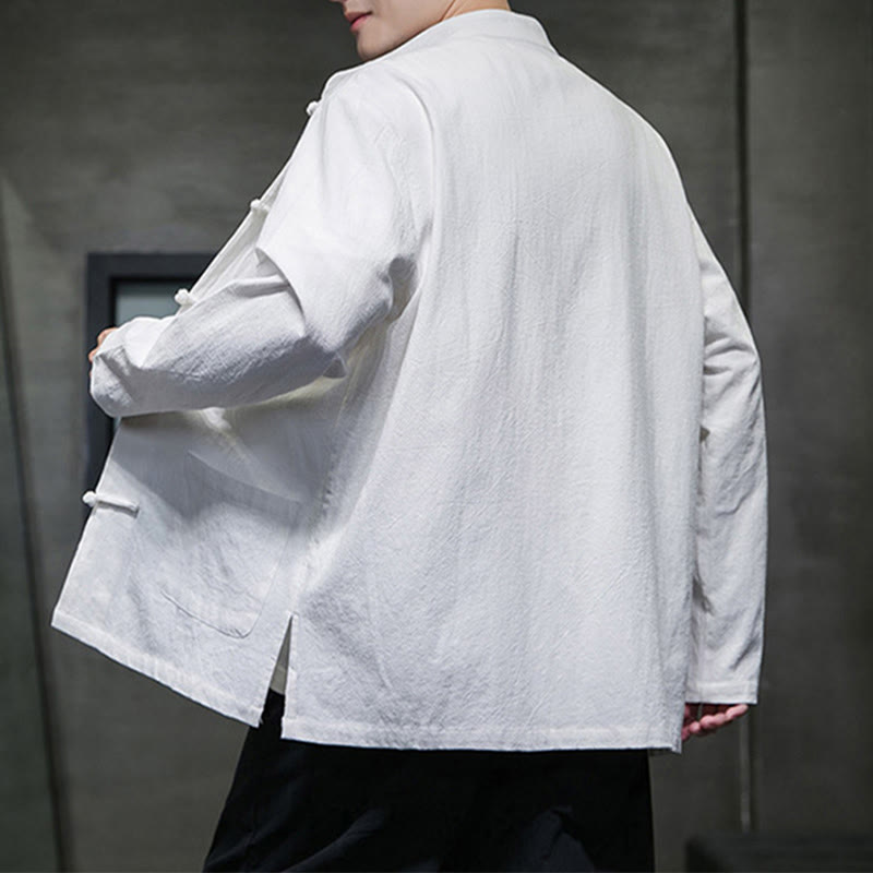 Veste en coton et lin pour homme avec poches et boutons de Buddha Stones de couleur unie - image 44