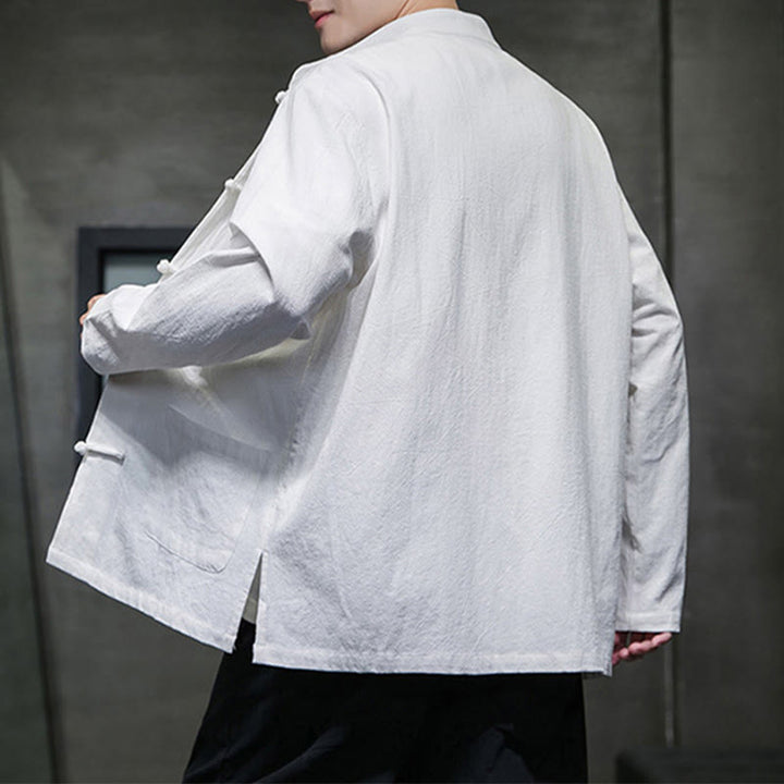 Veste en coton et lin pour homme avec poches et boutons de Buddha Stones de couleur unie - image 44