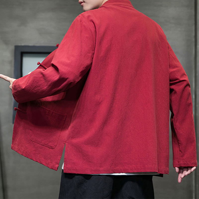 Veste en coton et lin pour homme avec poches et boutons de Buddha Stones de couleur unie - image 39