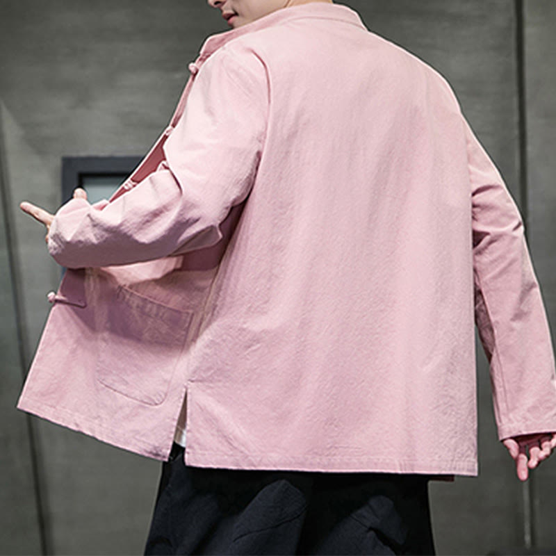 Veste en coton et lin pour homme avec poches et boutons de Buddha Stones de couleur unie - image 32