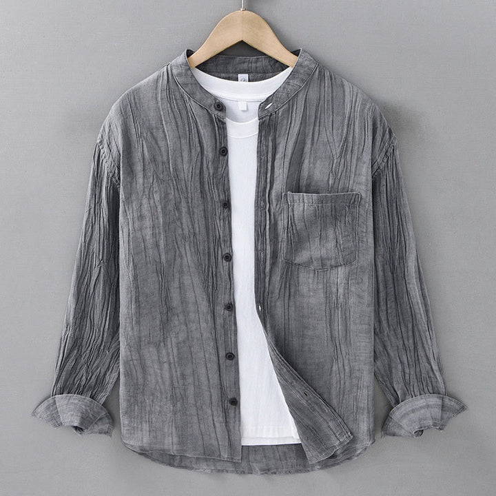 Chemises pour homme en lin ramie à manches longues et plis unis avec Buddha Stones - Gris - US/UK/AU42，EU52 (3XL) - image 0