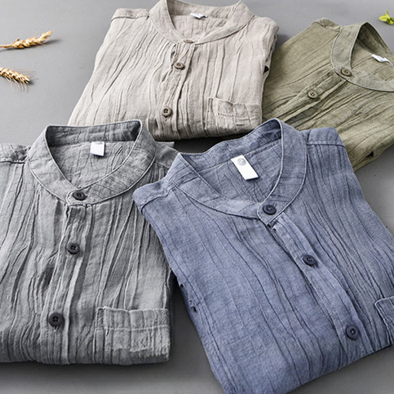 Chemises pour homme en lin ramie à manches longues et plis unis avec Buddha Stones - image 1