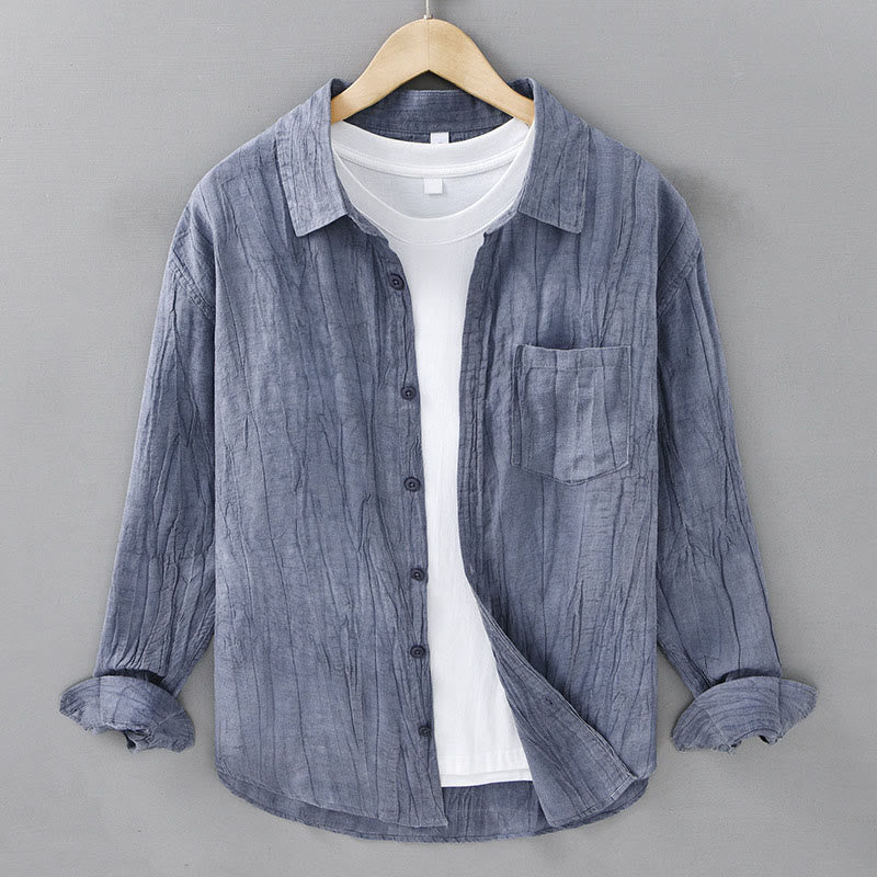 Chemises pour hommes en lin ramie à manches longues et col montant, froissées et boutonnées, motif Buddha Stones - Bleu acier clair - US/UK/AU42，EU52 (3XL) - image 0