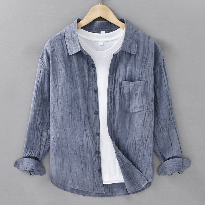 Chemises pour hommes en lin ramie à manches longues et col montant, froissées et boutonnées, motif Buddha Stones - Bleu acier clair - US/UK/AU42，EU52 (3XL) - image 0